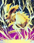 blue_background commentary creature electricity gradient gradient_background highres huge_filesize jolteon jumping no_humans pokemon pokemon_(creature) profile purple_background purplekecleon rain signature solo 