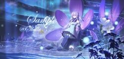  1girl absurdres animal_ears ankle_boots artist_name aurora bare_shoulders boots chinese_commentary commentary_request commission dress elbow_gloves flower full_body gloves hair_between_eyes highres long_hair multicolored_dress night original pink_eyes pink_hair purple_boots purple_dress purple_gloves purple_thighhighs rabbit rock sample_watermark shale sitting sky solo star_(sky) starry_sky thigh-highs two-tone_dress watermark white_dress white_flower 