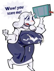  1girl animal_ears arm_up book breasts commentary dress english_commentary furry furry_female goat goat_ears goat_horns hand_up highres hillmyna holding holding_book horns large_breasts long_sleeves plump purple_dress sweatdrop toriel undertale utdr_(toby_fox) white_fur 