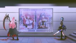  aqua_hair blood blood_on_clothes blood_on_weapon chainsaw character_request gothic_lolita high_heels highres holding holding_chainsaw holding_scythe hololive hololive_english hoshimachi_suisei indoors lolita_fashion long_hair looking_at_another mori_calliope pink_hair scythe set7 stairs tile_floor tiles very_long_hair weapon 