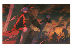  1boy absurdres arsha beret bird blue_eyes brown_hair clouds commentary_request eagle earrings gloves grass hat highres holding holding_sword holding_weapon jewelry link male_focus master_sword medium_hair military_uniform outdoors pointy_ears royal_guard_set_(zelda) serious sitting solo sun sunset sword tall_grass the_legend_of_zelda the_legend_of_zelda:_breath_of_the_wild weapon white_gloves 
