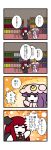  4koma :d bat_wings blush bookshelf chibi closed_eyes comic crescent dora_e eyes_closed flying_sweatdrops happy hat head_wings highres koakuma long_hair multiple_girls open_mouth patchouli_knowledge purple_hair red_hair redhead smile sparkle table touhou translated translation_request wings 