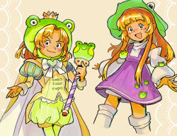  1girl :3 absurdres adapted_costume alternate_costume animal_hood animal_print blonde_hair blush bow bowtie closed_mouth commentary crown detached_sleeves dress english_commentary frog_hood frog_print green_hat green_pantyhose green_shorts hat highres holding holding_scepter hood jewelry juliet_sleeves long_hair long_sleeves looking_at_viewer molly_yancey moriya_suwako multiple_views necklace open_mouth pantyhose pendant pinafore_dress puffy_shorts puffy_sleeves purple_dress scepter shirt shorts sleeveless sleeveless_dress smile socks touhou white_bow white_bowtie white_socks yellow_eyes yellow_shirt 