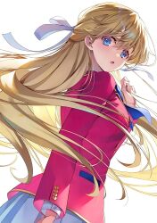 1girl absurdres arm_up black_coat black_eyes blonde_hair blue_bowtie blue_eyes bow bowtie buttoned_cuffs buttons coat collared_shirt cowboy_shot dutch_angle eyebrows_visible_through_hair floating_hair from_behind gold_trim hair_between_eyes hair_ribbon hand_up highres lapels layered_sleeves long_hair long_sleeves looking_back nanase_tsubasa non-web_source open_mouth pleated_skirt purple_eyes red_coat ribbon simple_background skirt solo tied_hair tomose_shunsaku tongue undershirt upper_teeth upper_teeth_only walking white_background white_ribbon white_shirt yellow_trim youkoso_jitsuryoku_shijou_shugi_no_kyoushitsu_e