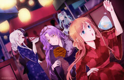  4girls :o ahoge altina_orion artist_name blue_eyes blue_hair blue_kimono closed_mouth curtained_hair drooling dutch_angle eiyuu_densetsu english_commentary festival floating_hair floral_print floral_print_kimono food hair_between_eyes hair_bun hair_ribbon hajimari_no_kiseki hand_fan highres holding holding_fan holding_food japanese_clothes kimono lantern long_hair long_sidelocks long_sleeves looking_at_object looking_at_viewer market_stall mask mask_on_head maskyarts mishy multiple_girls night obi open_mouth orange_hair outdoors paper_fan paper_lantern parted_bangs parted_lips petite print_kimono print_paper_fan purple_hair purple_kimono red_kimono renne_(eiyuu_densetsu) ribbon saliva sash sidelocks single_hair_bun squatting standing summer_festival takoyaki tio_plato tita_russell toothpick twintails upper_body very_long_sidelocks watermark white_hair wide_sleeves yellow_eyes yukata 