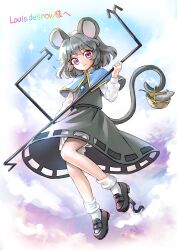  1girl absurdres animal_ears black_skirt black_vest bloomers blue_capelet brown_shoes capelet commentary commission commissioner_name dowsing_rod dual_wielding english_commentary full_body grey_hair highres holding holding_with_tail jewelry loafers long_sleeves looking_at_viewer medium_hair miy_001 mouse_(animal) mouse_ears mouse_girl mouse_tail nazrin pendant pink_eyes prehensile_tail second-party_source shirt shoes signature skeb_commission skirt socks solo tail touhou translation_request vest white_bloomers white_shirt white_socks 