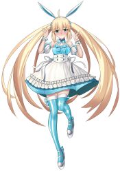  1girl absurdres ahoge animal_ear_hairband animal_ears argyle_clothes argyle_thighhighs artoria_caster_(fate) artoria_caster_(swimsuit_berserker)_(second_ascension)_(fate) artoria_pendragon_(fate) asymmetrical_legwear blonde_hair blue_bow blue_bowtie blue_theme blush bow bowtie breasts commentary detached_sleeves dress english_commentary fake_animal_ears fate/grand_order fate_(series) full_body green_eyes hairband highres long_hair longdq3008 medium_breasts mismatched_legwear mismatched_thighhighs platform_shoes puffy_short_sleeves puffy_sleeves rabbit_ear_hairband rabbit_ears shoes short_dress short_sleeves solo striped_clothes striped_thighhighs sweatdrop tearing_up thigh-highs twintails vertical-striped_clothes vertical-striped_thighhighs very_long_hair wrist_cuffs zettai_ryouiki 
