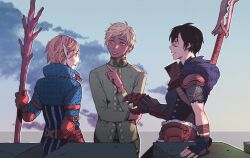  3girls armor black_hair blonde_hair blood blood_on_face bw2gold chainmail clouds dark-skinned_female dark_skin dragon_age dragon_age:_inquisition dragon_age:_origins dragon_age_2 elf fingerless_gloves gauntlets gloves green_shirt grey_warden holding holding_staff inquisitor_(dragon_age) mage_staff marian_hawke multiple_girls outdoors pink_eyes pixie_cut pointy_ears shirt single_fingerless_glove single_gauntlet staff 