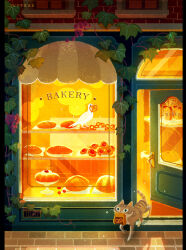  animal_focus baguette bakery bird bread bread_bun building cat cherry commentary croissant display display_case english_commentary food fruit fruit_tart grape_vine grapes highres holding holding_food ivytea loaf_of_bread muffin original pastry pigeon pretzel shop sidewalk storefront tabby_cat tart_(food) 