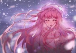  1girl backlighting baozilaojing beret blue_sky brown_eyes chinese_commentary commentary_request expressionless eyelashes first_snow_(shining_nikki) hand_on_own_chest hat highres jewelry light_blush lipstick long_hair long_sidelocks long_sleeves makeup necklace night nikki_(nikki) nikki_(series) nostrils open_mouth outdoors pink_hair pink_lips pink_sweater shining_nikki sidelocks sky sleeves_past_wrists snowing solo straight-on sweater teeth turtleneck turtleneck_sweater upper_body upper_teeth_only very_long_hair white_hat wind winter_clothes 