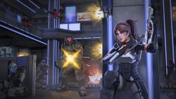  1girl 5boys against_wall aiming armor armored_collar arms_up assault_rifle black_choker black_gloves black_shirt blue_eyes breastplate brown_hair bulletproof_vest choker cyborg dawn_collins drone dual_wielding elbow_gloves english_text feet_out_of_frame fingerless_gloves fire firing full_armor full_body gatling_gun gloves grey_pants gun hand_on_own_arm helmet highres holding holding_gun holding_weapon indoors knee_pads leg_armor light_particles lips long_hair looking_to_the_side minigun multiple_boys nose official_art pants parted_lips ponytail poster_(object) rifle scar scar_on_cheek scar_on_face second-party_source selaco sentry shell_casing shirt short_sleeves shotgun shoulder_armor silvia_merconchini sitting solo_focus standing submachine_gun thigh_armor vambraces weapon 