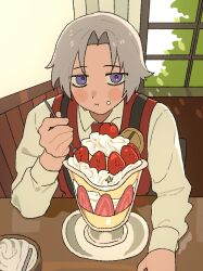  1boy :t blush_stickers closed_mouth collared_shirt cream cream_on_face curtained_hair dessert eating food food_on_face fruit grey_hair highres holding holding_spoon ice_cream indoors limbus_company long_sleeves looking_at_viewer lucio_(project_moon) male_focus parfait parted_bangs plate project_moon red_vest shirt short_hair sitting solo spoon strawberry suspenders table vest violet_eyes whipped_cream white_shirt window wooden_table yongsadragon 