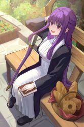  1girl absurdres arm_up basket bench black_shoes book bread breasts bush commentary fern_(sousou_no_frieren) flower food highres kaisekan light_blush long_hair medium_breasts on_bench open_mouth park_bench purple_hair shoes sitting smile solo sousou_no_frieren teeth tree upper_teeth_only violet_eyes 