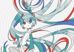  1girl absurdly_long_hair absurdres aqua_hair boots commentary detached_sleeves dithering hair_between_eyes hatsune_miku highres leg_up long_hair looking_at_viewer machigami_yoh necktie number_tattoo shirt shoulder_tattoo sleeveless sleeveless_shirt solo tattoo thigh_boots twintails very_long_hair vocaloid white_shirt 