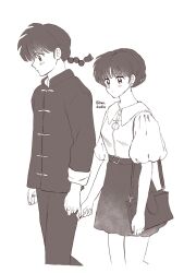  1boy 1girl bag braid chinese_clothes closed_mouth commentary highres imminent_hand_holding kmr_doodle light_blush monochrome ranma_1/2 saotome_ranma saotome_ranma_(male) shirt short_hair shoulder_bag single_braid skirt tangzhuang tendou_akane untranslatable_commentary white_background 