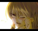  ant_of_spirit backlighting blush brown_eyes brown_hair close-up crying face hair_tubes hakurei_reimu letterboxed lips open_mouth portrait sepia solo tears touhou wink wiping_tears 