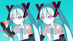  1girl arm_tattoo bare_shoulders black_sleeves blue_background blue_hair blue_necktie closed_mouth collared_shirt commentary_request detached_sleeves double-parted_bangs hair_between_eyes hatsune_miku highres holding holding_stamp ink_stamp long_hair long_sleeves multiple_views necktie number_tattoo pink_eyes pinocchio-p ringed_eyes shirt simple_background sleeveless sleeveless_shirt tattoo twintails upper_body utahime_shikkaku_(vocaloid) vocaloid white_shirt 