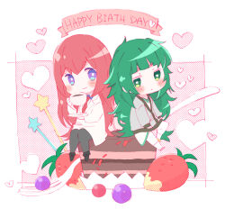  2girls black_shoes blue_eyes blush blush_stickers bright_pupils chibi chibi_only closed_mouth commentary_request cup drink food fork fruit full_body green_eyes green_hair grey_jacket grey_pants happy_birthday heart hiyajou_maho holding holding_cup holding_drink holding_plate huwahuwa_youmou jacket long_hair long_sleeves makise_kurisu mug multiple_girls no_sclera oversized_food oversized_object pants pink_shoes plate red_hair science_adventure shoes sitting smile socks square_pupils star_(symbol) steins;gate steins;gate_0 strawberry very_long_hair white_jacket white_pupils white_socks 