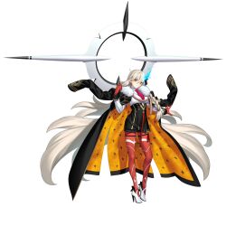  1girl ahoge black_ribbon black_shorts braid breasts coat coat_on_shoulders earrings fate/grand_order fate_(series) full_body fur-trimmed_coat fur_trim game_asset gloves gold_trim hair_ribbon high_heels highres jewelry large_breasts long_hair long_sleeves looking_at_viewer necktie official_art olga_marie_animusphere orange_eyes orange_gloves orange_pantyhose pantyhose red_necktie ribbon shoes shorts side_braid single_braid skirt solo tachi-e takeuchi_takashi third-party_source transparent_background very_long_hair white_hair white_shoes white_skirt 