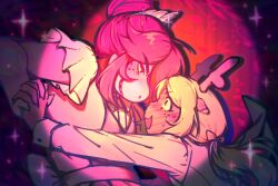  2girls animal_ears antlers blonde_hair blush commentary deer_antlers deer_ears deer_girl deltarune embarrassed english_commentary f_74s freckles furry furry_female furry_with_furry highres horns multiple_girls noelle_holiday reindeer_girl reptile_girl revision sharp_teeth smile susie_(deltarune) tall_female teeth tiara utdr_(toby_fox) yuri 