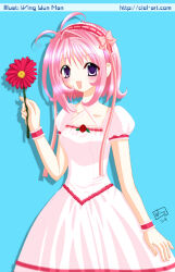  1girl ame_(amecon) amecon antenna_hair artist_name blue_background bob_cut commentary dated dress dress_flower drop_shadow english_commentary flower frilled_wrist_cuffs frills hair_ribbon hairband hand_up happy holding holding_flower lolita_hairband official_art open_mouth pink_dress pink_flower pink_hair pink_ribbon promotional_art puffy_short_sleeves puffy_sleeves red_flower red_wrist_cuffs ribbon short_sleeves signature single_hair_intake smile solo upper_body violet_eyes wing_yun_man wrist_cuffs 
