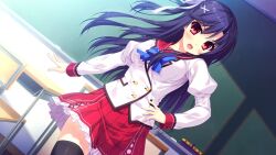  1girl angry black_thighhighs blue_bow blue_bowtie blue_hair board_eraser bow bowtie buttons chair chalkboard cross-laced_clothes cross-laced_skirt cross_hair_ornament day desk double-breasted dutch_angle frilled_skirt frills game_asset hair_ornament hair_ribbon hand_on_own_hip hinata_nao hoshimi_asuka indoors jacket juliet_sleeves lapels long_hair long_sleeves looking_at_viewer miniskirt non-web_source one_side_up open_mouth pleated_skirt puffy_sleeves red_eyes red_sailor_collar red_skirt ribbon sailor_collar school school_chair school_desk school_uniform skirt sleeve_cuffs thigh-highs white_jacket yuuwaku_scramble 