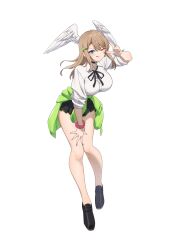  1girl :q ;q alternate_costume bare_legs black_choker black_ribbon black_shoes black_skirt blue_eyes breasts brown_hair choker clothes_around_waist clover_hair_ornament collared_shirt commentary contemporary eunie_(xenoblade) four-leaf_clover_hair_ornament full_body green_jacket hair_ornament hairclip head_wings hehe_jun highres jacket jacket_around_waist large_breasts loafers long_hair neck_ribbon one_eye_closed pink_scrunchie pleated_skirt ribbon school_uniform scrunchie shirt shoes simple_background skirt solo tongue tongue_out v v_over_eye white_background white_shirt wings wrist_scrunchie xenoblade_chronicles_(series) xenoblade_chronicles_3 