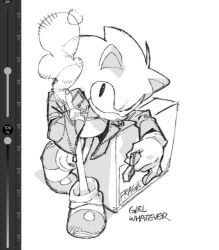  1boy animal_ears animal_nose arm_on_table bac0n_pancakes box coat english_text furry furry_male gloves hand_in_pocket hedgehog_boy holding holding_lighter lighter long_hair long_sleeves looking_at_viewer looking_up loose_socks monochrome pout screenshot simple_background smoke smoking socks solo sonic_(series) sonic_the_hedgehog spiky_hair standing standing_on_one_leg striped_shoes white_background white_gloves white_socks 