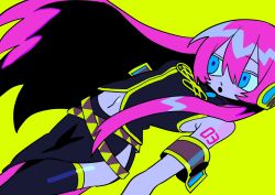  1girl black_jacket black_skirt black_thighhighs blue_eyes colored_inner_hair dutch_angle hair_between_eyes headphones highres jacket long_hair long_skirt megurine_luka multicolored_hair navel number_tattoo open_mouth pink_hair ryuzi_27 shoulder_tattoo side_slit simple_background skirt sleeveless sleeveless_jacket solo tattoo thigh-highs thighs very_long_hair vocaloid yellow_background 