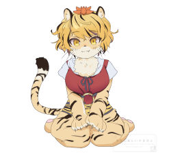  1girl animal_ear_fluff animal_ears animal_print ari_don black_streaks blonde_hair breasts claws closed_mouth commentary_request fang fang_out fluffy furrification furry furry_female large_breasts looking_at_viewer multicolored_hair red_vest shirt short_hair short_sleeves simple_background sitting smile solo streaked_hair tail tiger_ears tiger_girl tiger_print tiger_tail toramaru_shou touhou vest watermark white_background white_shirt yellow_fur 