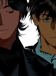  2boys black_hair black_shirt blue_shirt brown_eyes brown_hair closed_mouth commentary downcast_eyes frown highres hmmnam11 looking_to_the_side lower_eyelashes_only male_focus multiple_boys original portrait sanpaku shirt short_hair sideways_glance simple_background very_short_hair white_background 