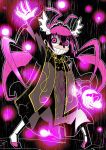  2215 arm_up black_background boots coat crazy_eyes cure_happy cure_happy_pose female hoshizora_miyuki kamen_rider kamen_rider_fourze_(series) long_hair magical_girl pink_eyes pink_hair precure sharp_teeth smile_precure! solo twintails 