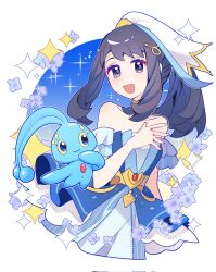  1girl akari_(pokemon) akari_(summer_2026)_(pokemon) antennae bare_shoulders belt black_hair blue_dress blue_eyes blush breasts collarbone colored_sclera commentary dress gold_belt gold_choker gold_collar gradient_clothes gradient_dress high-waist_belt highres layered_dress long_hair manaphy official_alternate_costume open_mouth pokemon pokemon_(creature) pokemon_masters_ex ponytail shocho_(shaojiujiu) sidelocks smile strapless strapless_dress untranslatable_commentary veil white_veil yellow_sclera 