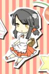  artist_request ascot bangs basket black_hair blunt_bangs blush cherry elica expressionless food frilled_skirt fruit holding lowres mole open_mouth outstretched_arm pleated_skirt ponytail short_hair sita_vilosa sitting skirt socks star striped sword_girls white_legwear yellow_eyes 