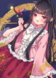  1girl bamboo_print blush bow bowtie branch brown_hair collared_shirt colored_inner_hair commentary_request frilled_shirt_collar frilled_skirt frilled_sleeves frills holding holding_branch houraisan_kaguya jaku_sono jeweled_branch_of_hourai long_hair long_skirt long_sleeves looking_at_viewer multicolored_hair open_mouth petal_print pink_hair pink_shirt print_skirt red_eyes red_skirt shirt signature skirt smile solo touhou very_long_hair white_bow white_bowtie wide_sleeves 