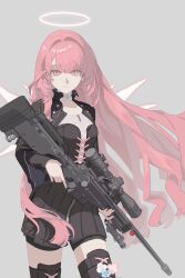  1girl absurdres ai_arctic_warfare arknights black_jacket bolt_action boots chinese_commentary closed_mouth commentary_request cowboy_shot detached_wings grey_background gun halo highres holding holding_gun holding_weapon jacket jiligulu_(huancuntuceng) lemuen_(arknights) long_hair long_sleeves looking_at_viewer pink_eyes pink_hair rifle simple_background smile sniper_rifle solo standing thigh_boots traditional_halo weapon white_halo wings 