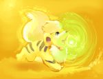  absurdres blue_eyes collar commentary creature dog energy_ball fangs grass growlithe highres light monochrome no_humans open_mouth pokemon pokemon_(creature) profile purplekecleon running shiny_pokemon signature solo spot_color sun yellow yellow_background 