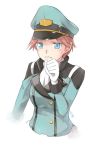  cadet frown gloves green_eyes gundam gundam_age hat military military_uniform natora_einus red_hair redhead short_hair solo uniform white_background 