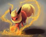  creature fire flareon full_body grey_background no_humans pokemon pokemon_(creature) pyrokinesis realistic running shadow signature solo tiina 