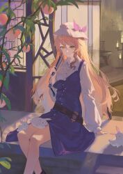  1girl absurdres artist_request blonde_hair bow brown_hair buttons candle candlestand chinese_commentary closed_mouth collared_shirt commentary_request commission dress folding_fan food fruit hair_between_eyes hand_fan hat hat_bow highres holding holding_fan long_hair long_sleeves looking_at_viewer mob_cap peach pink_bow porch purple_dress rabbit second-party_source shirt sitting smile solo touhou very_long_hair watatsuki_no_toyohime white_hair white_shirt yellow_eyes 