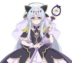  1girl absurdres black_capelet blue_archive blush brooch capelet choon_sik2 commentary_request cosplay cure_arcana_shadow cure_arcana_shadow_(cosplay) diamond_hairband embarrassed frilled_capelet frilled_cuffs frills halo heart heart_brooch highres holding holding_staff jewelry korean_commentary looking_at_viewer magical_girl mechanical_halo meitantei_precure! noa_(blue_archive) precure purple_veil solo staff tear_arcana_rod veil violet_eyes white_background white_hair white_halo 