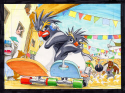  5boys animal arch bear behind-the-head_headphones bicycle_helmet bird black_border black_eyes blue_eyes border bucket_hat building closed_mouth commentary_request concept_art cow_boy day dust_cloud flag frown furry furry_male hat headphones helmet highres hippopotamus_boy holding holding_flag kangaroo koala_boy looking_outside male_focus multiple_boys original ostrich outdoors penguin_boy pennant pig rabbit racing rockhopper_penguin shibata_jun shorts skateboard skateboarding smile smug standing string_of_flags striped_clothes striped_shorts town traditional_media vertical-striped_clothes vertical-striped_shorts wolf 