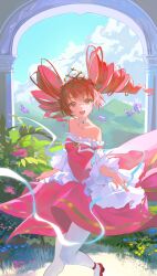  1girl absurdres anklet arch bare_shoulders blue_flower blue_sky bug bush butterfly chinese_commentary choker clouds collarbone commentary_request day dot_nose dress drill_hair eyelashes fine_(futagohime) floating_clothes floating_hair flower foot_out_of_frame frilled_sleeves frills fushigiboshi_no_futago_hime garden gold_tiara happy high_heels highres jewelry long_hair long_sleeves mountainous_horizon off-shoulder_dress off_shoulder open_mouth outdoors pantyhose pink_dress pink_flower pleated_dress princess pumps purple_butterfly red_eyes red_hair red_shoes shoes sky smile solo streamers tangyu_(xhs_1399129750) teeth twin_drills twintails upper_teeth_only white_choker white_pantyhose white_sleeves wind yellow_flower 