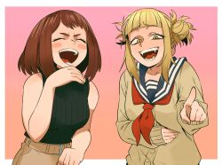  2girls absurdres belt belt_buckle black_sweater blonde_hair blue_sailor_collar blunt_bangs boku_no_hero_academia brown_belt brown_hair brown_pants brown_sweater buckle closed_eyes commentary cowboy_shot double_bun english_commentary gradient_background hair_bun hand_on_own_stomach highres laughing long_sleeves maxvines4 medium_hair messy_hair multiple_girls neckerchief pants pink_background pointing pointing_at_viewer raised_inner_eyebrows red_neckerchief sailor_collar school_uniform sharp_teeth sidelocks sleeveless sleeveless_sweater sleeves_past_wrists slit_pupils sweater teeth toga_himiko turtleneck turtleneck_sweater uraraka_ochaco yellow_eyes 