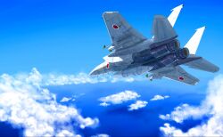  above_clouds air-to-air_missile aircraft airplane blue_sky clouds commentary external_fuel_tank f-15_eagle fighter_jet flying high_up highres japan_air_self-defense_force japan_self-defense_force leiche military military_vehicle no_humans ocean original sky untranslatable_commentary vehicle_focus 