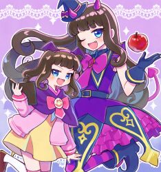  1girl apple blue_background blue_eyes blue_gloves blue_hat blue_shoes book bow bowtie brown_hair brown_shoes capelet cardigan commentary_request demon_horns demon_tail dress fang floating floating_object food fruit gloves gradient_background hair_ornament hairband hat holding holding_book horns jinno_(jin_c_kkry) kurosu_aroma long_hair looking_at_viewer medium_hair mini_hat multicolored_thighhighs multiple_views one_eye_closed open_cardigan open_clothes open_mouth outline paprika_private_academy_school_uniform pink_background pink_bow pink_bowtie pink_cardigan pink_hairband pink_horns pink_tail pink_thighhighs pleated_dress pointy_shoes pretty_series pripara purple_capelet purple_dress purple_thighhighs school_uniform shoes smile striped_clothes striped_thighhighs tail thigh-highs tilted_headwear two-tone_thighhighs white_outline white_thighhighs wing_hair_ornament yellow_dress 