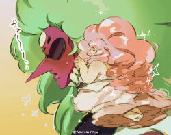  2girls alexandrite_(steven_universe) alien animification antenna0203 barefoot colored_skin commentary_request curly_hair dress extra_mouth forehead_jewel gem gem_(steven_universe) giant giantess highres long_hair monster_girl multiple_girls red_skin rose_quartz_(steven_universe) steven_universe sunglasses very_long_hair 