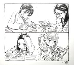  4girls akebi-chan_no_serafuku akebi_komichi book flower forehead glasses hiro_(dismaless) kizaki_erika kojou_tomono long_hair long_sleeves medium_hair monochrome multiple_girls pen ponytail reading rose short_hair short_twintails source_request studying sweater table translation_request twintails upper_body usagihara_touko winter_clothes 