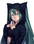  animal_ears aqua_eyes aqua_hair bust cat_ears cat_hood colored_eyelashes crop_top green_eyes green_hair hands_together hatsune_miku highres hood kasei_(xyz) light_smile long_hair midriff simple_background smile solo steepled_fingers twintails vocaloid white_background 