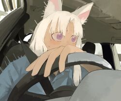  1girl animal_ears blue_shirt car_interior collared_shirt commentary_request driving fox_ears fox_girl highres kurokoge013 long_hair messy_hair seatbelt shirt solo steering_wheel touhoku_itako upper_body violet_eyes voiceroid wide-eyed 